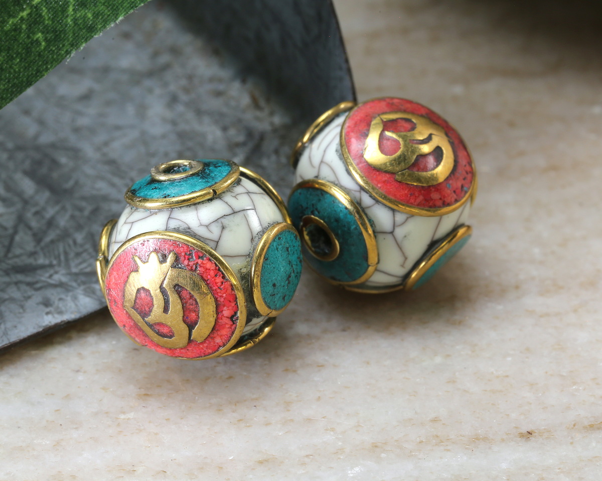 Nepalese Brass Om on Coral & White Shell Round Bead 18x17mm