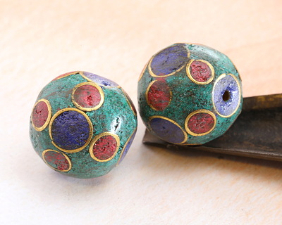 Nepalese Turquoise, Lapis & Coral Dots Round Bead 21-22mm