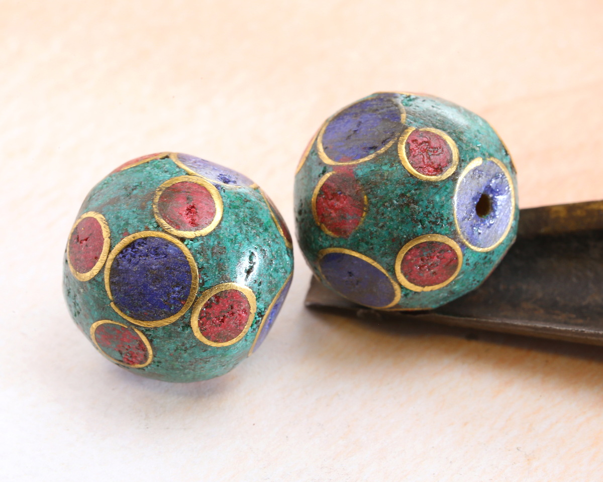 Nepalese Turquoise, Lapis & Coral Dots Round Bead 21-22mm