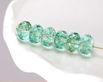 Czech Glass Aquamarine w/ Gold Flecks Fire Polished Rondelle 6x9mm
