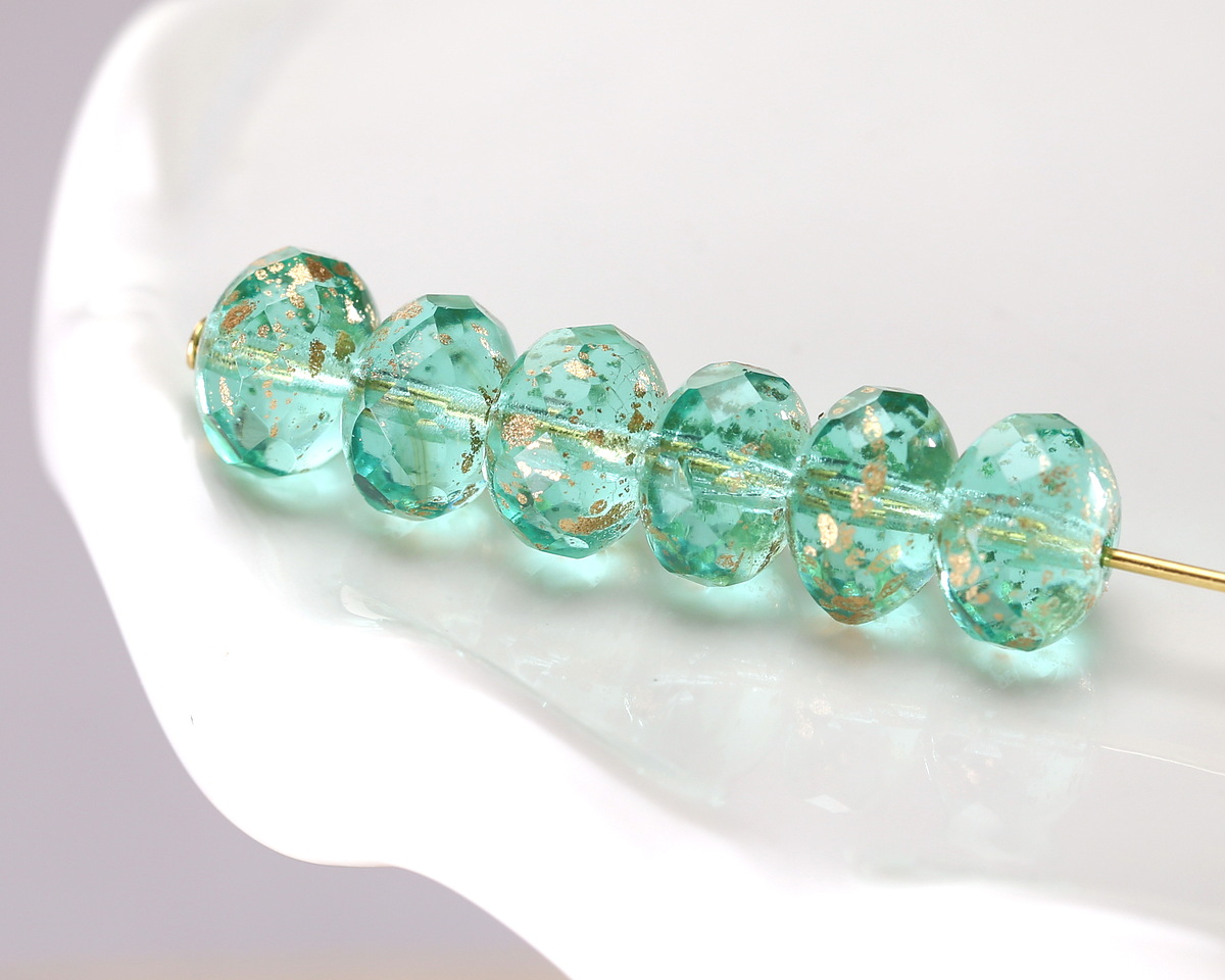 Czech Glass Aquamarine w/ Gold Flecks Fire Polished Rondelle 6x9mm