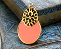 24K Gold (Plated) Coral Enamel Oval w/ Daisy Focal 21x35mm