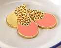 24K Gold (Plated) Coral Enamel Oval w/ Daisy Focal 21x35mm