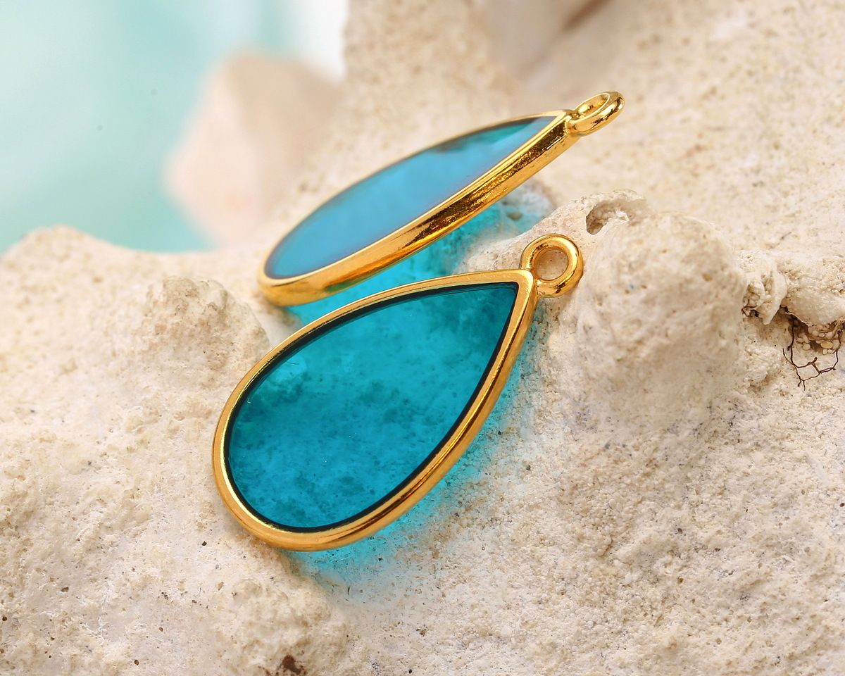 24K Gold (Plated) Transparent Turquoise Resin Drop Focal 13x23mm