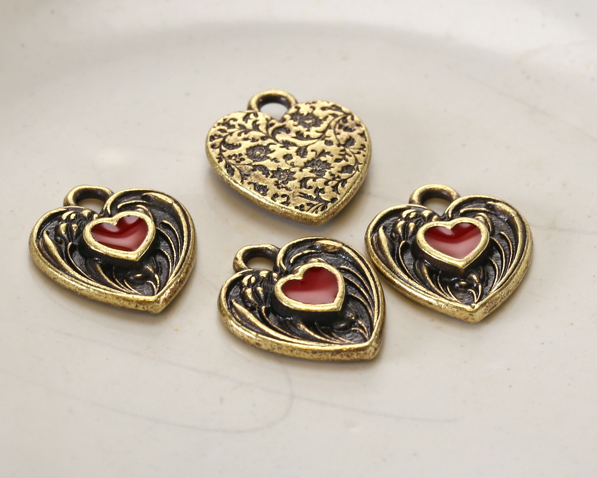 TierraCast Antique Brass (plated) Red Enamel Heart in Heart Shaped Focal 12.5x14mm