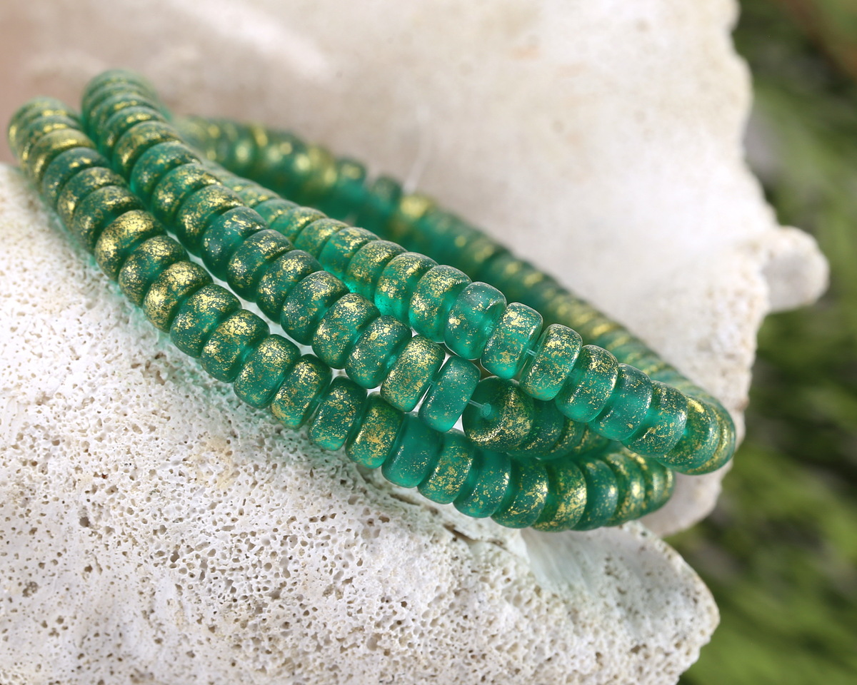 Czech Glass Matte Island Blue w/ Gold Heishi 3x6mm