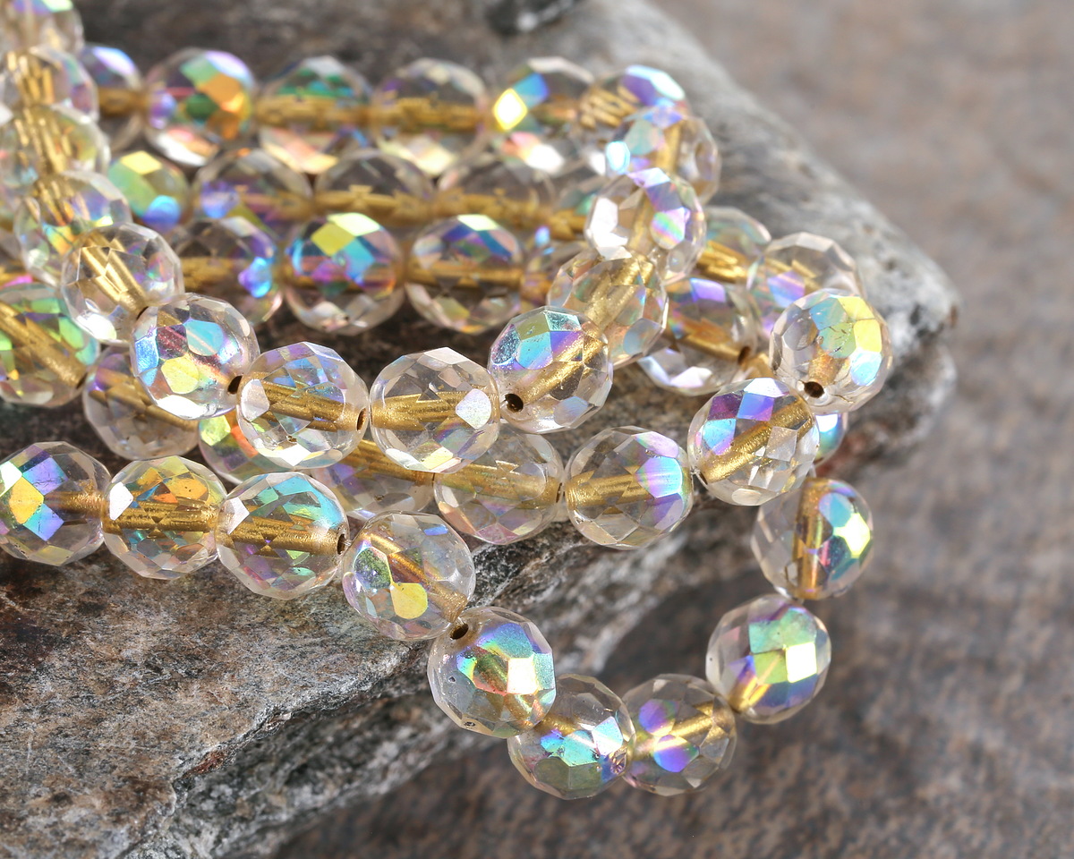 Czech Glass Crystal AB Gold Lined Fire Polished Round 8mm