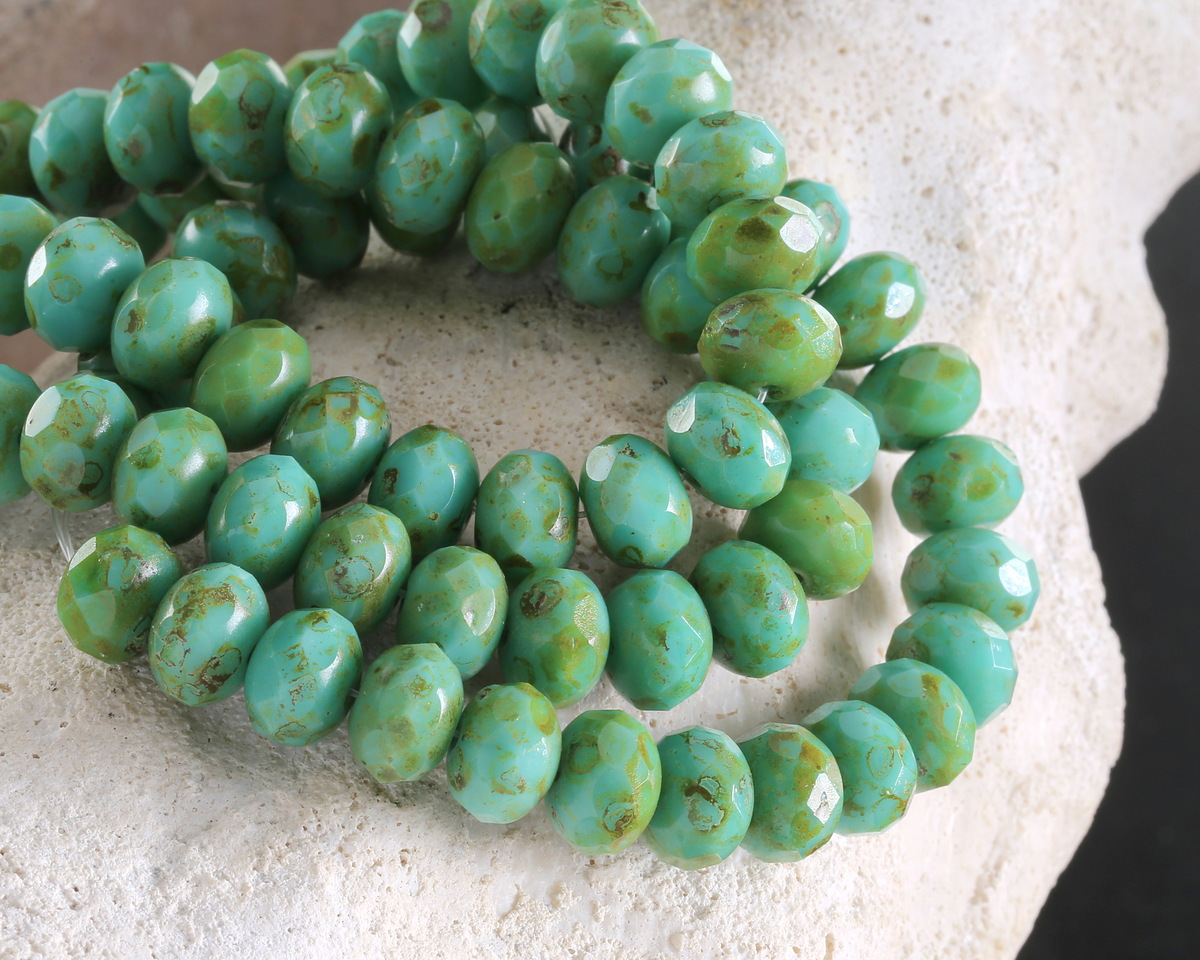 Czech Glass Green Turquoise Picasso Fire Polished Rondelle 5x7mm