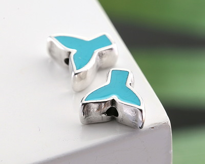 Antique Silver (plated) Aqua Enamel Whale Tail Bead 9x8.5mm