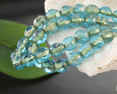 Czech Glass Textured Aquamarine w/ Gold Fire Polished Round 8mm