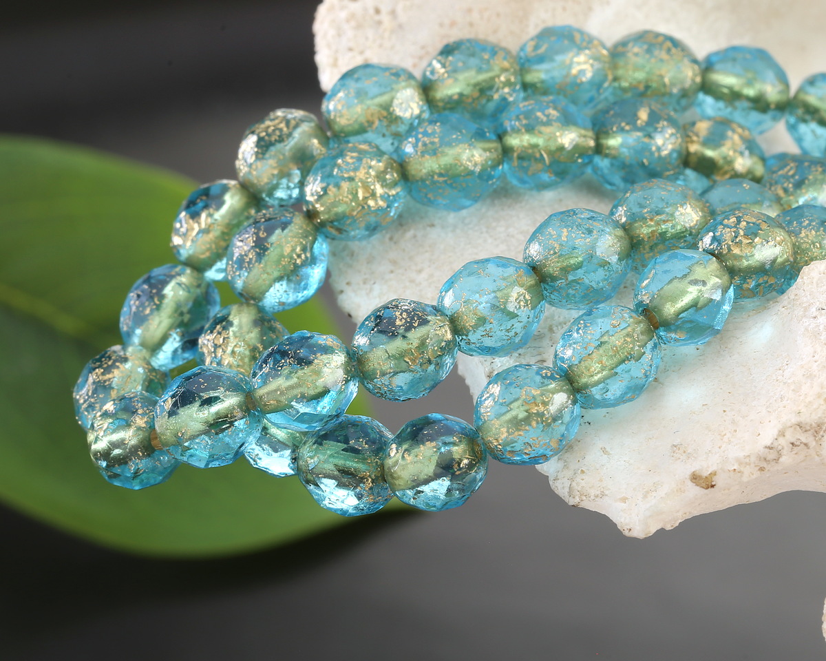 Czech Glass Textured Aquamarine w/ Gold Fire Polished Round 8mm
