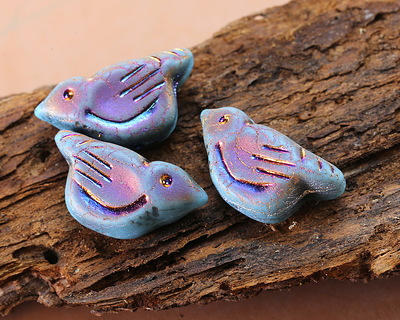 Czech Glass Matte Sky Blue Rainbow w/ Metallic Peacock Bird 11x22mm