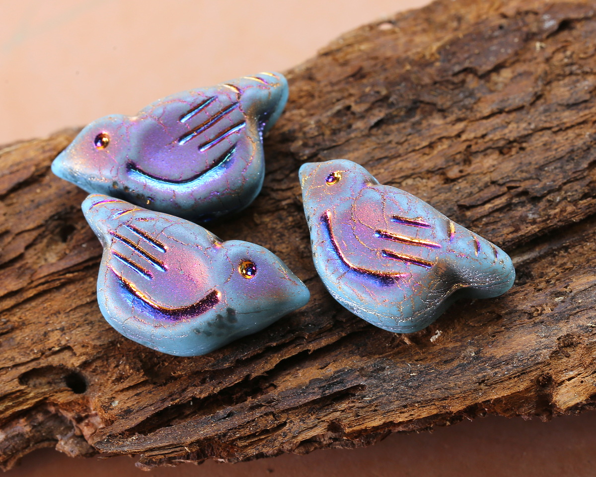 Czech Glass Matte Sky Blue Rainbow w/ Metallic Peacock Bird 11x22mm