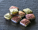 Czech Glass Metallic Pink & Gold Ornamental Rectangle 11x12mm
