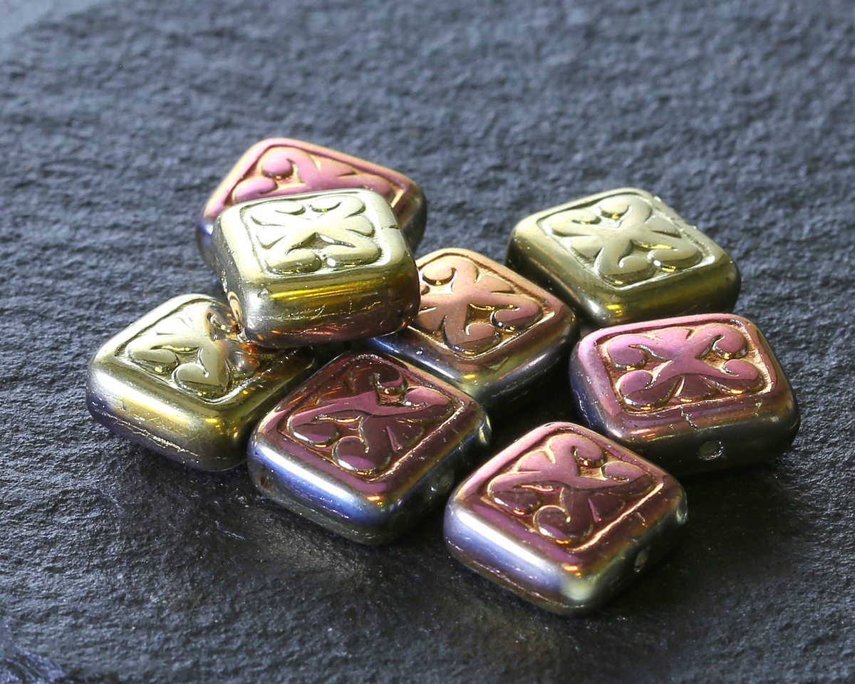 Czech Glass Metallic Pink & Gold Ornamental Rectangle 11x12mm