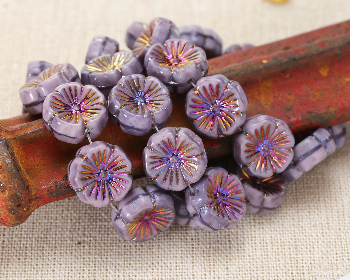 Czech Glass Thistle w/ Metallic Rainbow Hibiscus Coin 14mm