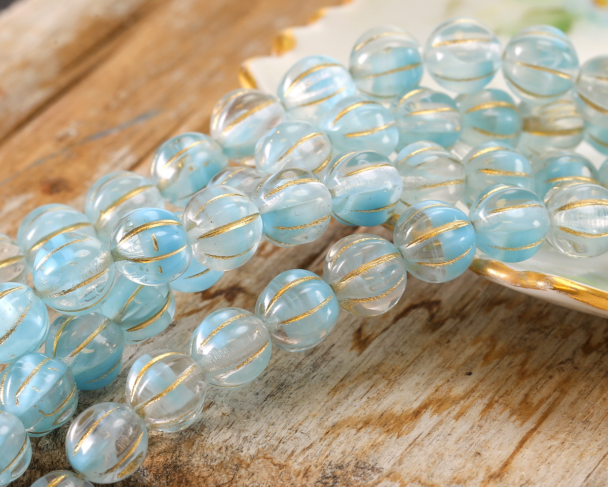 Czech Glass Ice Blue w/ Gold Melon Round 8mm