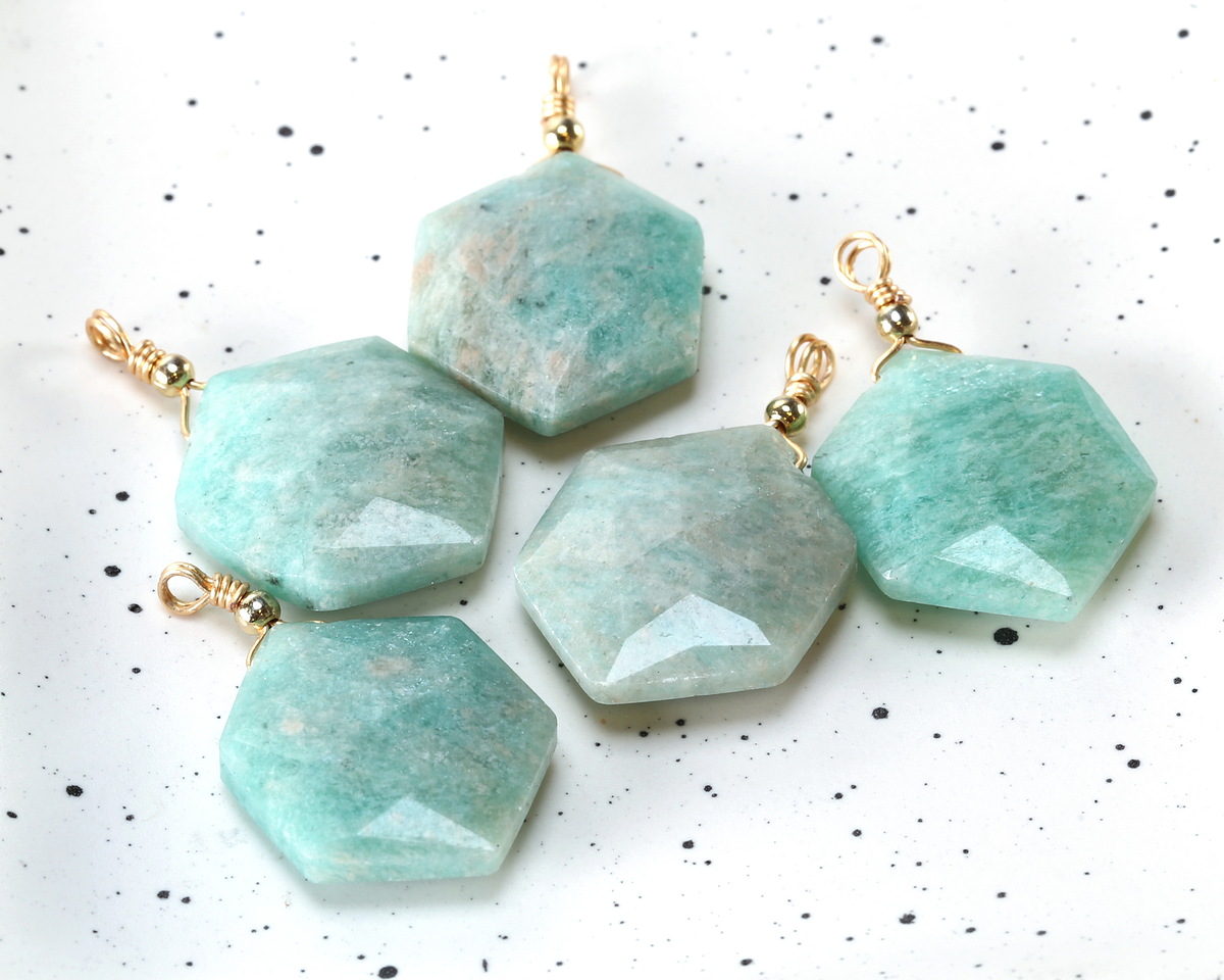 Brazilian Amazonite w/ Gold Finish Faceted Hexagon Wire Wrapped Pendant 20x25mm
