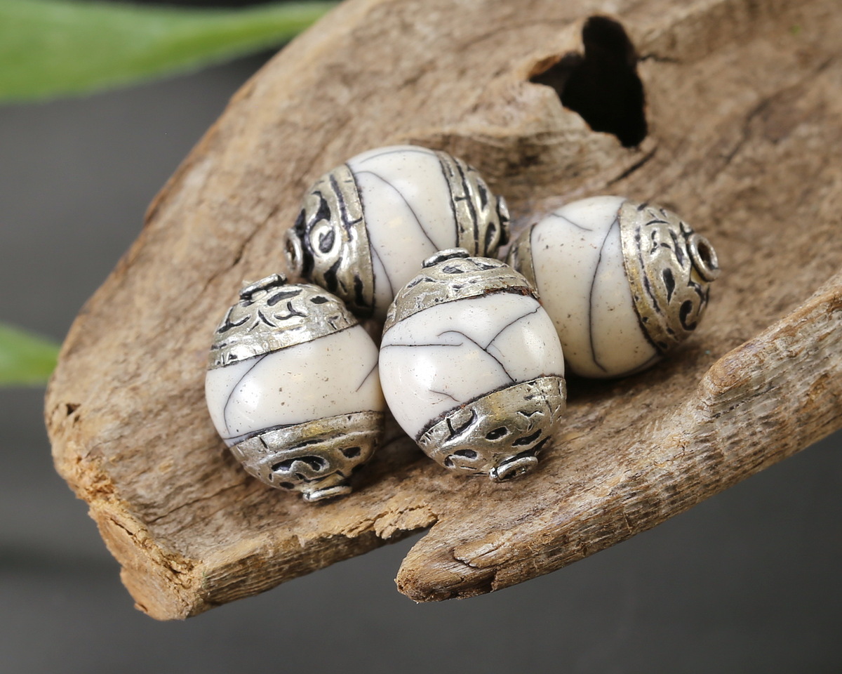 Nepalese White Magnesite & White Brass Bead 12-14x10mm