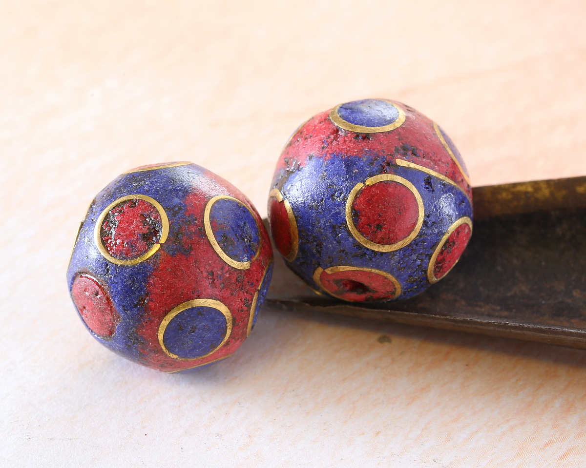 Nepalese Coral & Lapis w/ Brass Dots Round Bead 17-19mm