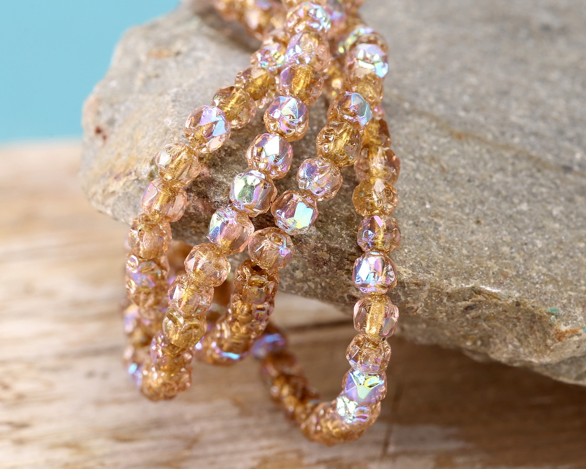 Czech Glass Rosaline AB w/ Gold Lantern 4mm