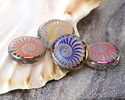 Czech Glass Laser Etched Spiral Ammonite on White Opal w/ Metallic Rainbow Finish Coin 14mm