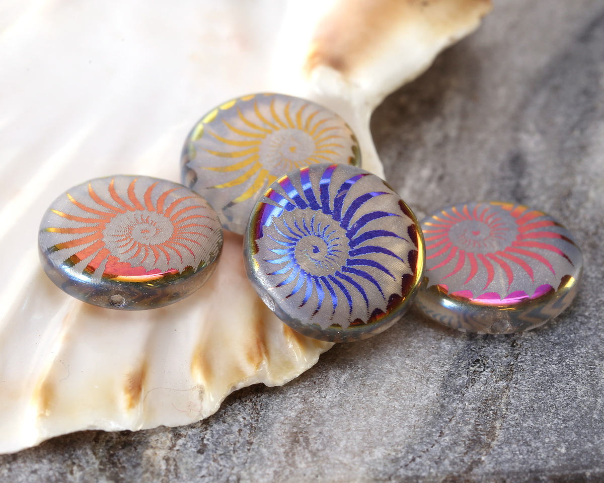 Czech Glass Laser Etched Spiral Ammonite on White Opal w/ Metallic Rainbow Finish Coin 14mm