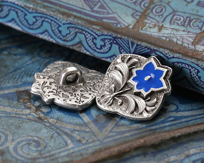 TierraCast Antique Silver (plated) Cobalt Blue Enamel Flower Square Button 14x15mm