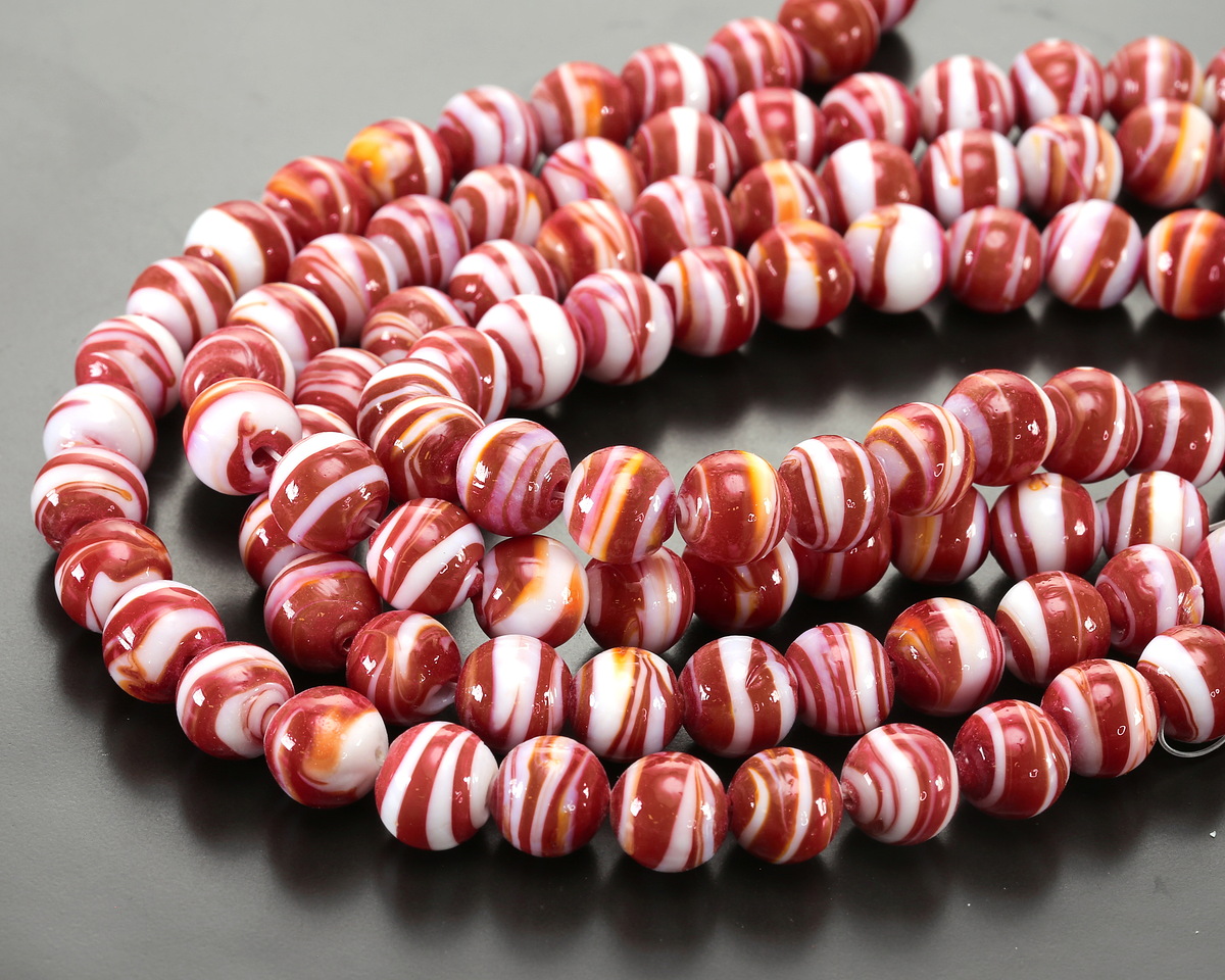 Brick Red & White Swirl Lampwork Glass Round 10mm