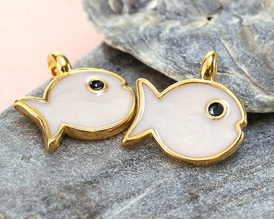 24K Gold (plated) White Pearl Enamel Fish Pendant 15mm