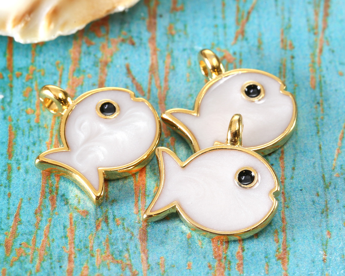 24K Gold (plated) White Pearl Enamel Fish Pendant 15mm