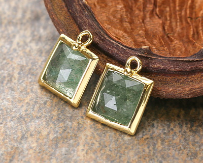 Green Strawberry Quartz w/ Gold Finish Faceted Square Focal 10x13mm