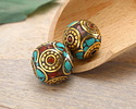 Nepalese Brass w/ Coral & Turquoise in Half Circles w/ Circle of Dots Round 17-18mm