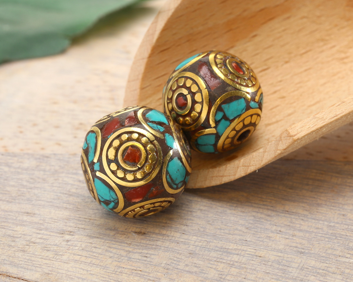 Nepalese Brass w/ Coral & Turquoise in Half Circles w/ Circle of Dots Round 17-18mm