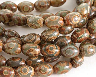 Tibetan (Dzi) Agate Green & Brown Rice 14x10mm