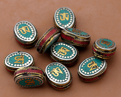 Nepalese White Brass & Brass "Om" Oval Coin Bead w/ Turquoise & Coral 20-22x16-18mm