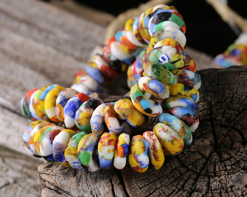 African Recycled Glass & Seed Bead White w/ Multi Color Mini Donut
