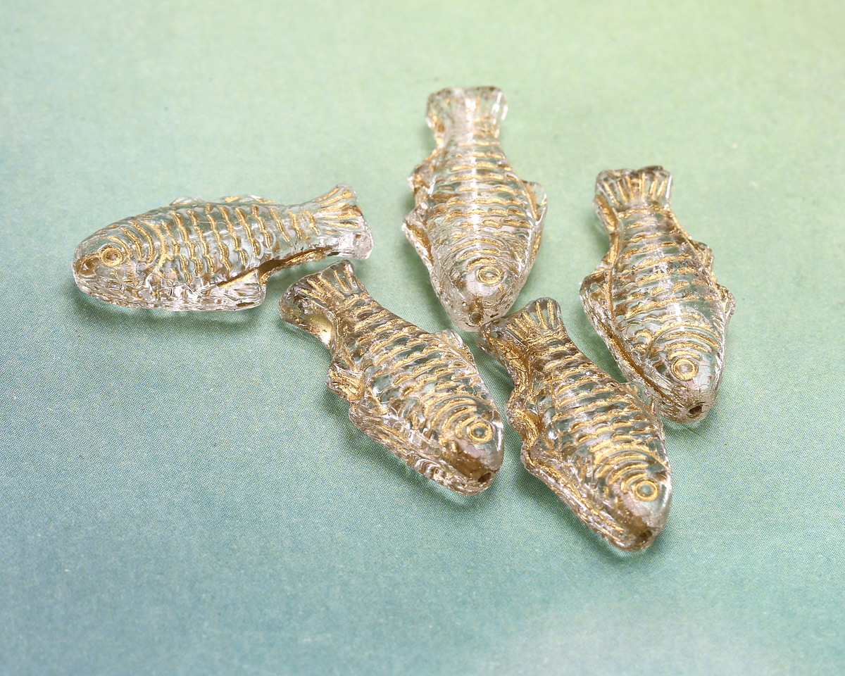 Czech Glass Crystal w/ Gold Wash Trout Fish Bead 24x10mm