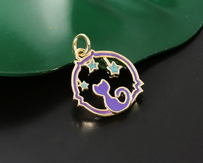 18k Gold (plated) Enamel Twilight Celestial Cat Focal 15.5x16.5mm