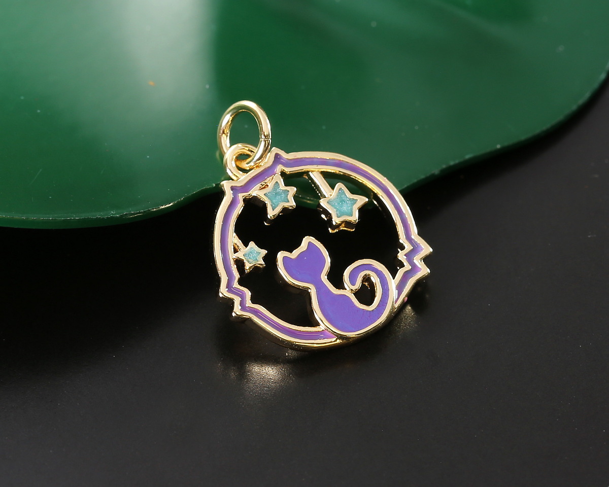 18k Gold (plated) Enamel Twilight Celestial Cat Focal 15.5x16.5mm