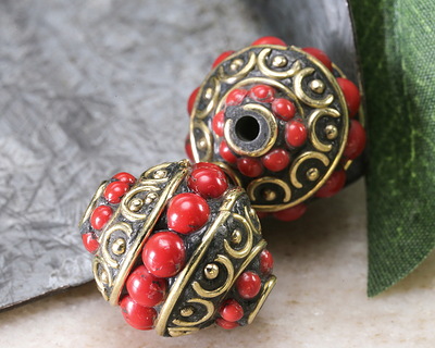 Nepalese Brass Arches & Dots w/ Coral Dots Rice Bead 16-19x16-18mm