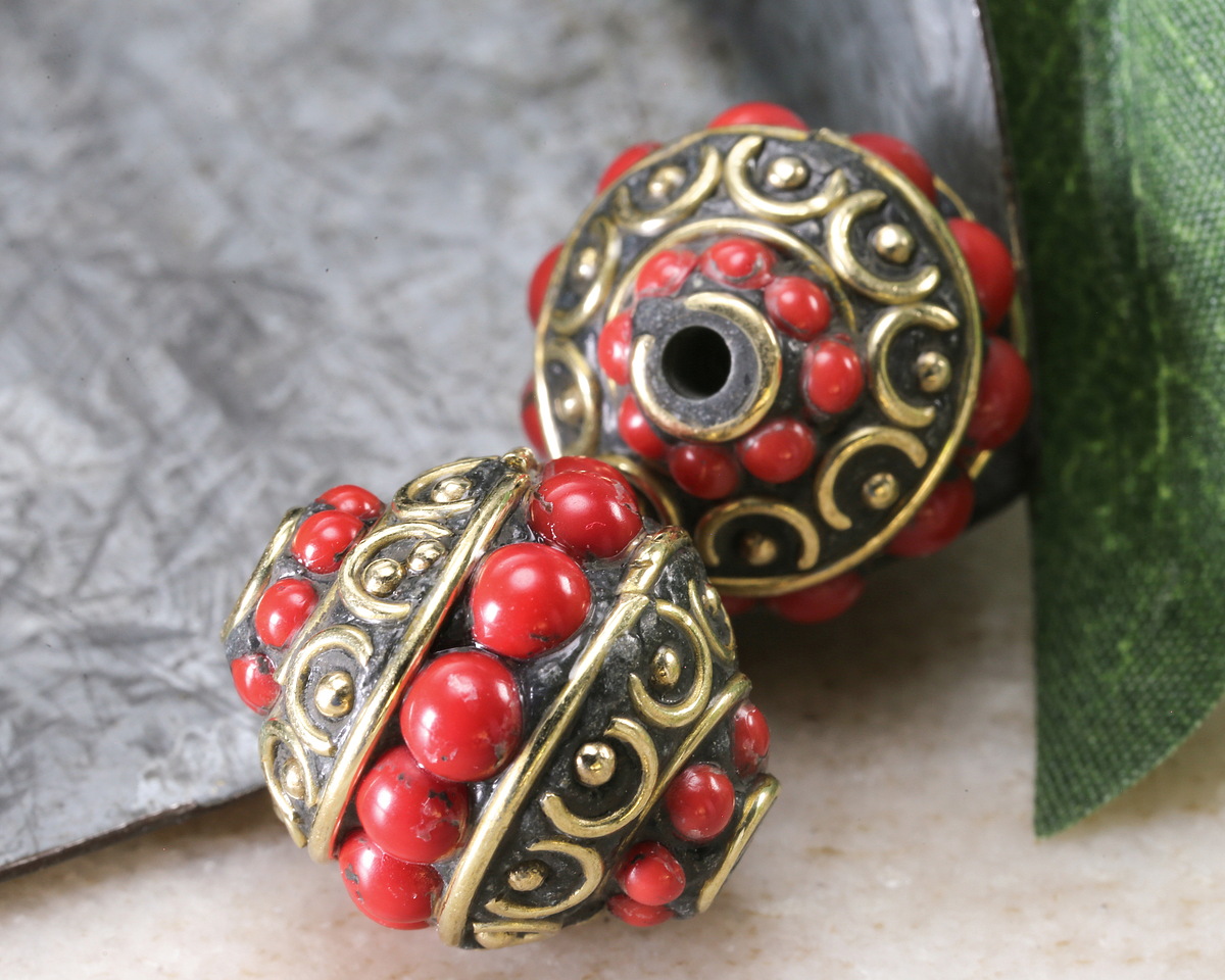 Nepalese Brass Arches & Dots w/ Coral Dots Rice Bead 16-19x16-18mm