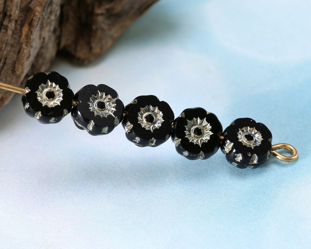 Czech Glass Jet w/ Platinum Hibiscus 7mm