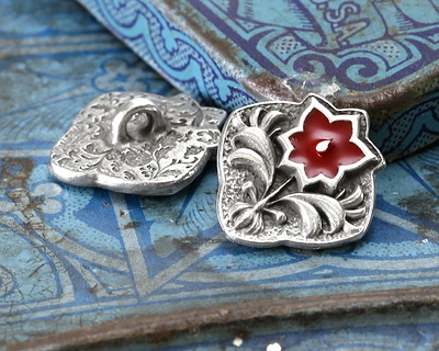 TierraCast Antique Silver (plated) Red Enamel Flower Square Button 14x15mm