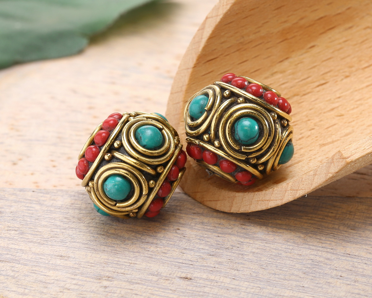 Nepalese Brass w/ Turquoise Dots in Double Circles & Small Coral Dots Barrel Bead 15-16x17mm