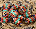 Nepalese Brass w/ Coral, Turquoise & Lapis Rice 30x16mm