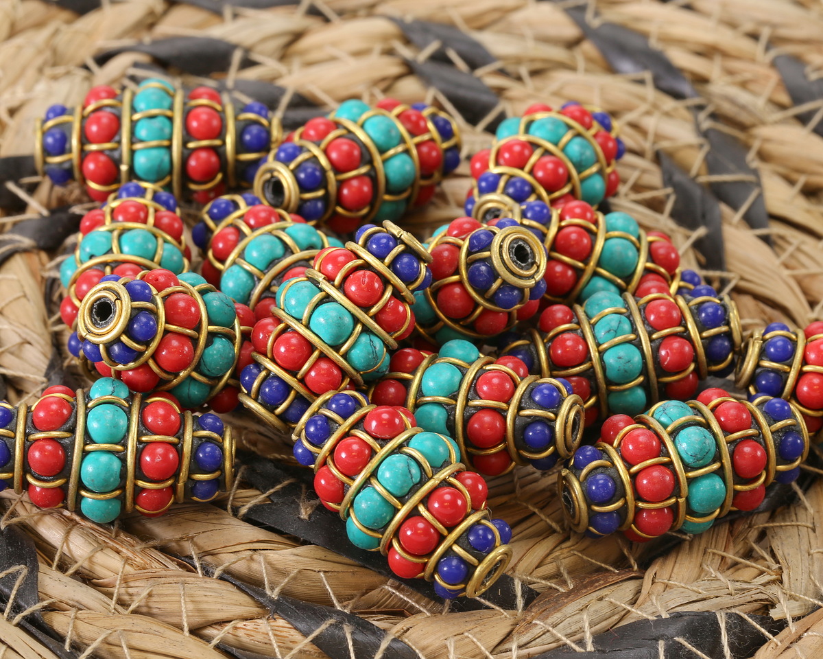 Nepalese Brass w/ Coral, Turquoise & Lapis Rice 30x16mm