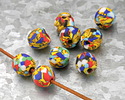 African Multi Recycled Glass & Seed Bead Cobalt w/ White, Yellow, Red, & Green Tumbled Round 12-14mm