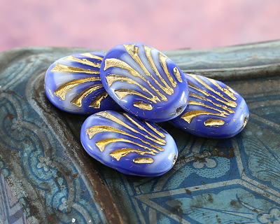 Czech Glass Cobalt Marble w/ Gold Fan Oval 17x12mm