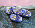 Czech Glass Cobalt Marble w/ Gold Fan Oval 17x12mm